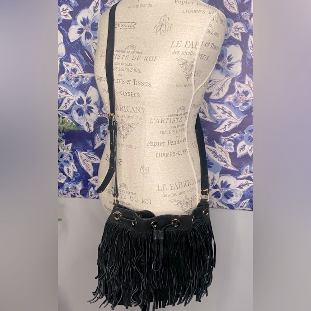 H&M Women’s Faux Leather Hobo Purse with Fringe & Wallet Set in Black- 2 Pieces
